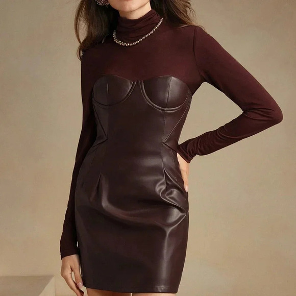 Burgundy Elegant Women's Semi-Sheer Long Sleeve Elastic Crew Neck Blouse - Picture 5 of 5